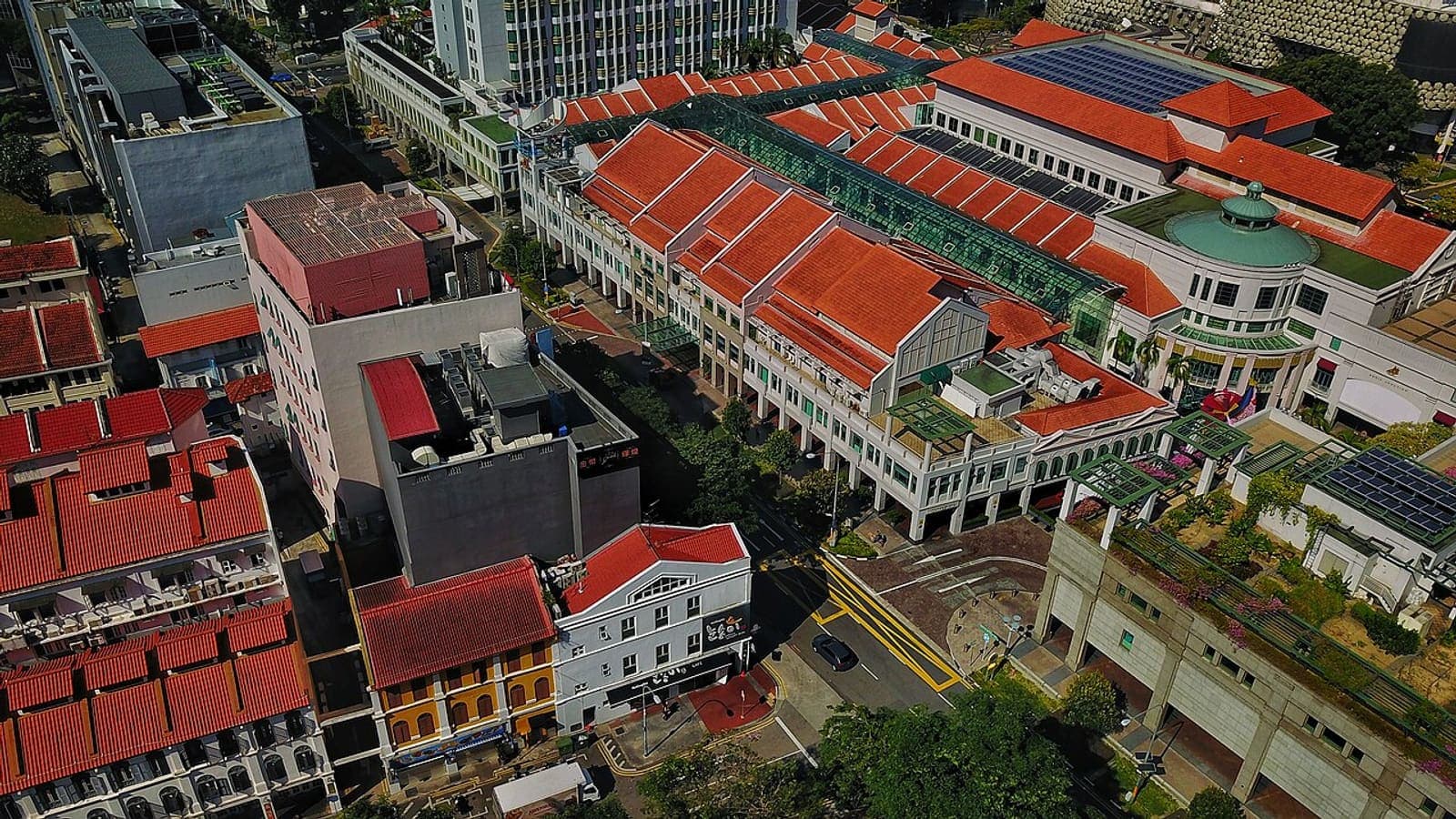 Shophouse rooftops along North Bridge Road from above